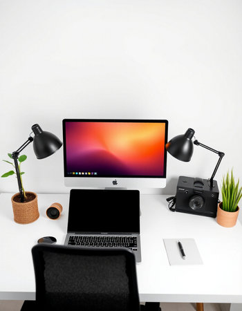 workplace with computer and lamp, isolated on white background, 3d render