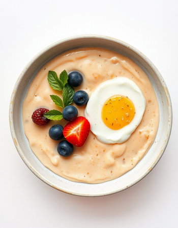 Bowl of oat porridge with strawberries, blueberries and eggsの写真素材