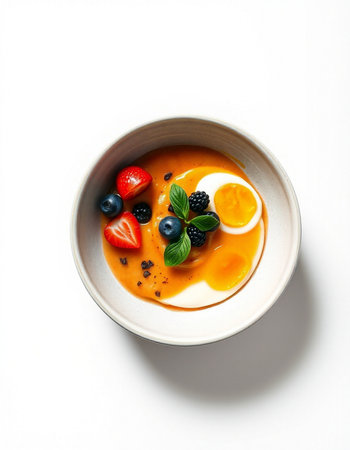 Yogurt with fresh berries in a bowl on a white backgroundの写真素材