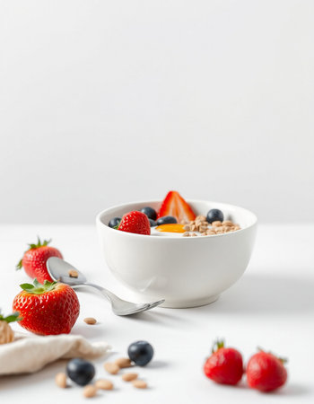 Healthy breakfast with muesli, berries and nuts on white backgroundの写真素材
