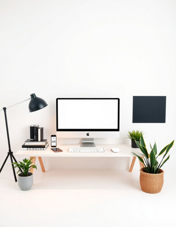 Modern workspace with blank computer monitor, keyboard and other items. Mock upの写真素材