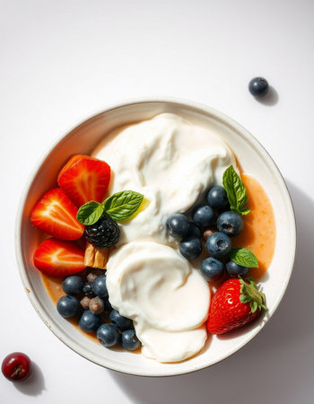 Greek yoghurt with fresh berries on white background, top viewの写真素材