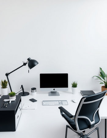 modern workplace with computer, lamp and other items in modern office interiorの写真素材