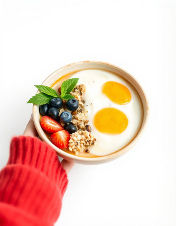 Healthy breakfast. Oatmeal with fresh berries and egg in woman's hand isolated on white backgroundの写真素材