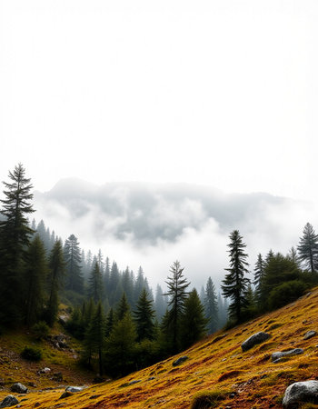 Mountain landscape with coniferous forest in the misty morningの写真素材