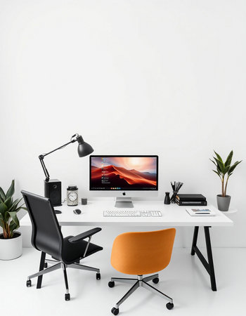 Workplace in modern office with computer and equipment. 3d rendering.の写真素材