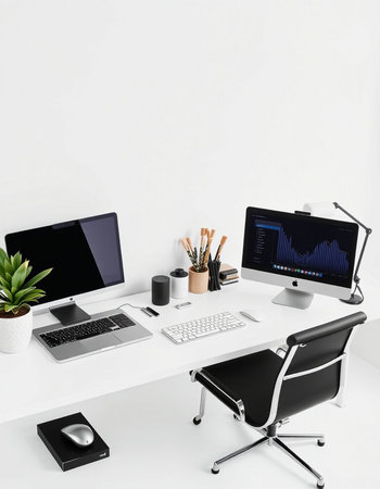 workplace with computer, stationery and plant. 3d renderingの写真素材