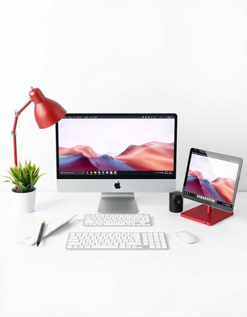 Modern desktop with computer, keyboard and mouse. 3D rendering.の写真素材