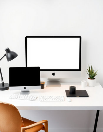 Modern workplace with blank screen computer and other items on table. Mock upの写真素材