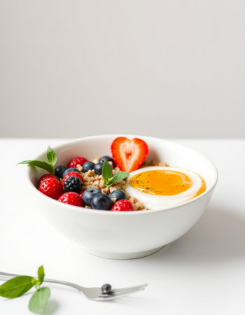 Healthy breakfast - oatmeal with berries and egg on white backgroundの写真素材
