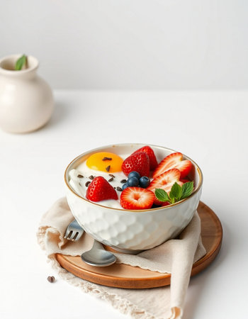 Healthy breakfast. Yogurt with fresh berries in a bowl on a white background.の写真素材