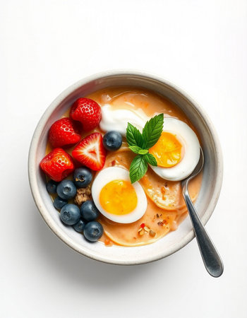 Healthy breakfast bowl with yogurt, strawberries, blueberries and eggsの写真素材