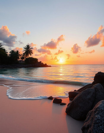 Tropical beach at beautiful sunset, Seychelles.の写真素材