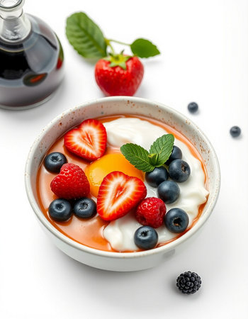 Greek yoghurt with fresh berries on white backgroundの写真素材