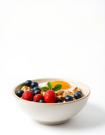 Muesli with fresh berries in a bowl on a white backgroundの写真素材