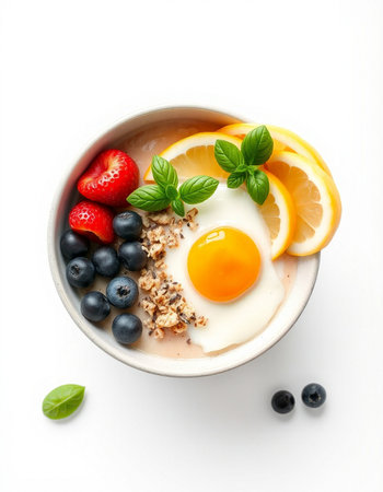Healthy breakfast with berries and egg on white backgroundの写真素材