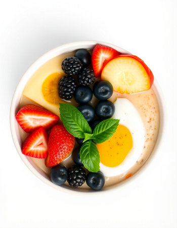 bowl of yogurt with fresh fruits and berries isolated on a white backgroundの写真素材