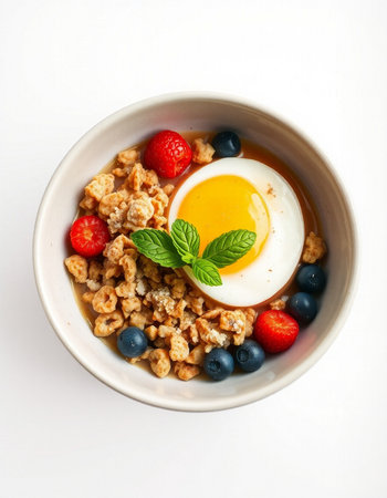 Breakfast with muesli, berries and egg on white backgroundの写真素材