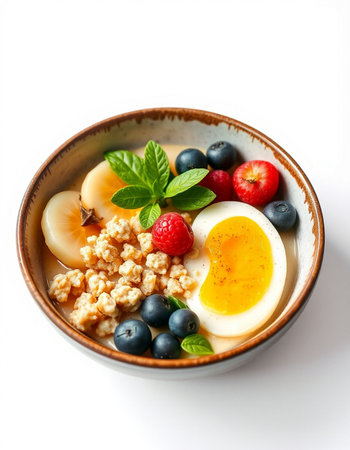 Oatmeal porridge with fresh berries, isolated on whiteの写真素材
