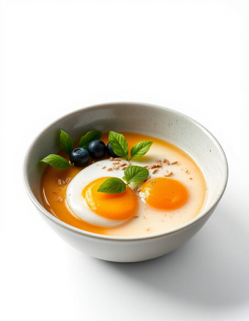 Eggs in a bowl with berries and mint on white backgroundの写真素材