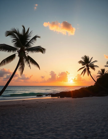 Beautiful sunset over the ocean. Tropical beach with palm trees.の写真素材