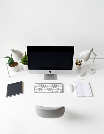 Top view of modern white office desk with computer, supplies and coffee cup.の写真素材