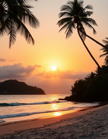 Tropical beach with coconut palm trees at sunset, Seychellesの写真素材