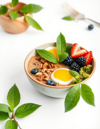 Healthy breakfast bowl with oatmeal, berries and eggs on white backgroundの写真素材