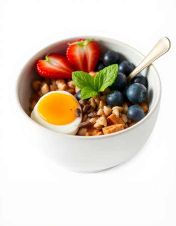 Healthy breakfast with oatmeal, berries and egg on white backgroundの写真素材