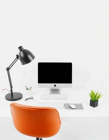 Modern workspace with computer, supplies and lamp on white background. 3D Renderingの写真素材