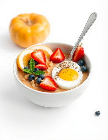 Oatmeal porridge with berries and egg in a bowl on a white backgroundの写真素材