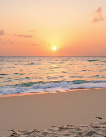 Beautiful sunset on the beach with sea wave and sand in summerの写真素材
