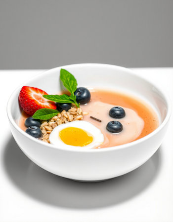 Healthy breakfast bowl with berries, yogurt and egg on white backgroundの写真素材