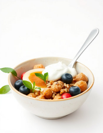 Healthy breakfast with muesli, yogurt and berries on white backgroundの写真素材