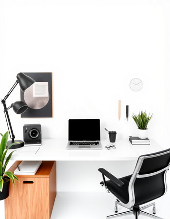 Minimalistic workspace with laptop, camera, coffee cup and other items. 3D Renderingの写真素材