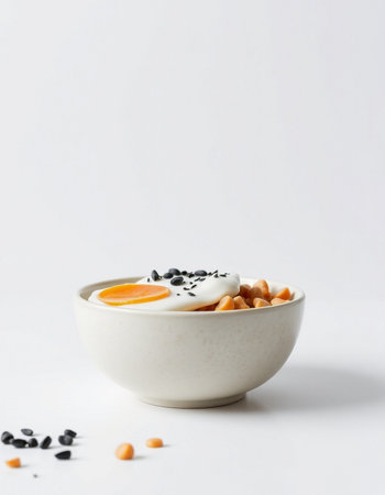 Fried eggs with black sesame seeds in a bowl on white backgroundの写真素材