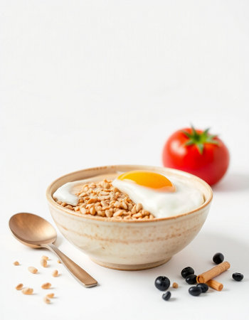 Bowl of oat porridge with fried egg on white backgroundの写真素材