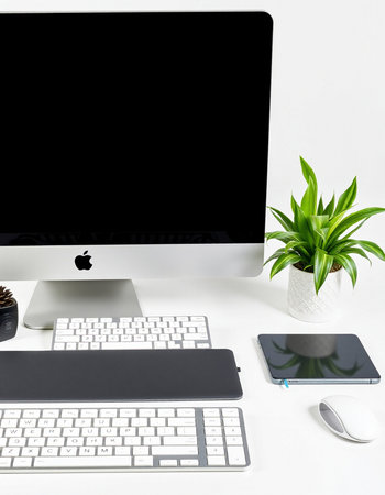 Office desk with computer, mouse, keyboard, smart phone and plantの写真素材