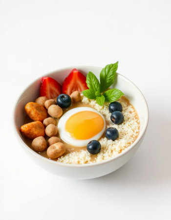 Healthy breakfast bowl with quinoa, egg and berries on white backgroundの写真素材