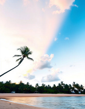Beautiful tropical beach and sea with coconut palm tree at sunset timeの写真素材