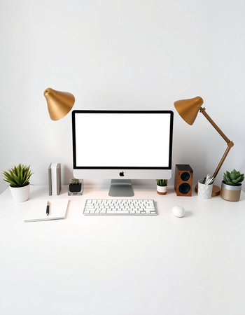 Modern workspace with computer, keyboard, mouse and other items. 3d renderの写真素材