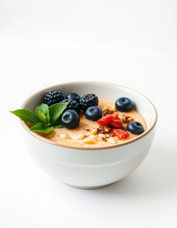 bowl of oatmeal with blueberries on white backgroundの写真素材