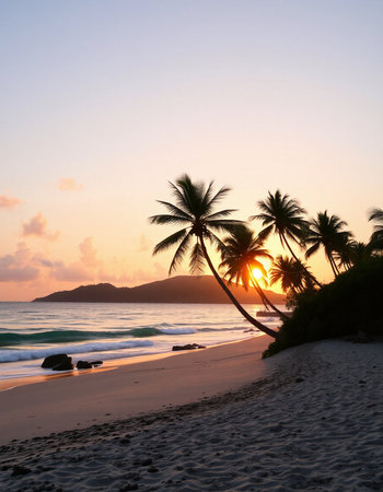 Tropical beach with palm trees at sunset, Seychellesの写真素材