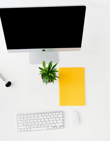 Top view of modern workplace with computer, keyboard, mouse and plant on white backgroundの写真素材