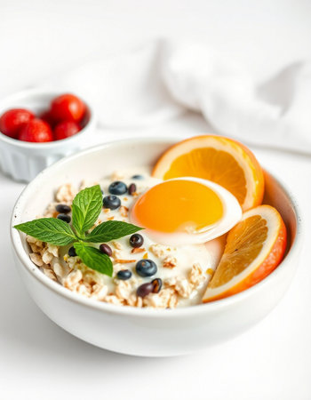 Healthy breakfast with oatmeal, berries and egg on white backgroundの写真素材