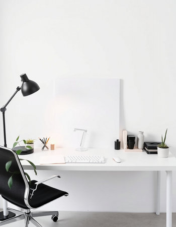 Interior of modern office with white walls, concrete floor, white computer table with black chair and white mock up poster. 3d renderingの写真素材