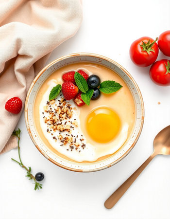 Yogurt with fresh berries and egg in a bowl on white backgroundの写真素材