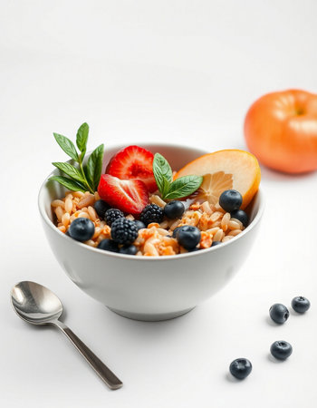 bowl of oatmeal with berries and orange on white background, healthy breakfastの写真素材