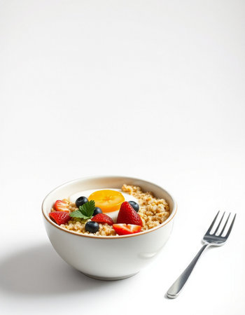 Oatmeal porridge with fresh berries in white bowl on white backgroundの写真素材