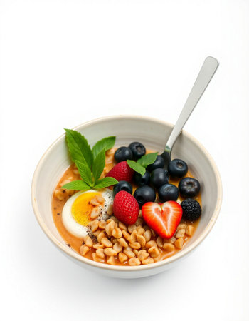 Bowl of oatmeal porridge with berries and egg isolated on white backgroundの写真素材